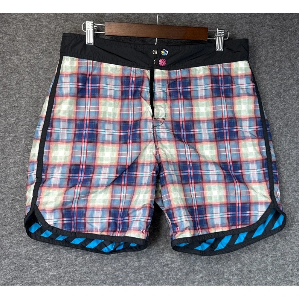 Modern Amusement Mens‎ Reversible Board Shorts Blue Black Striped Plaid Size 32